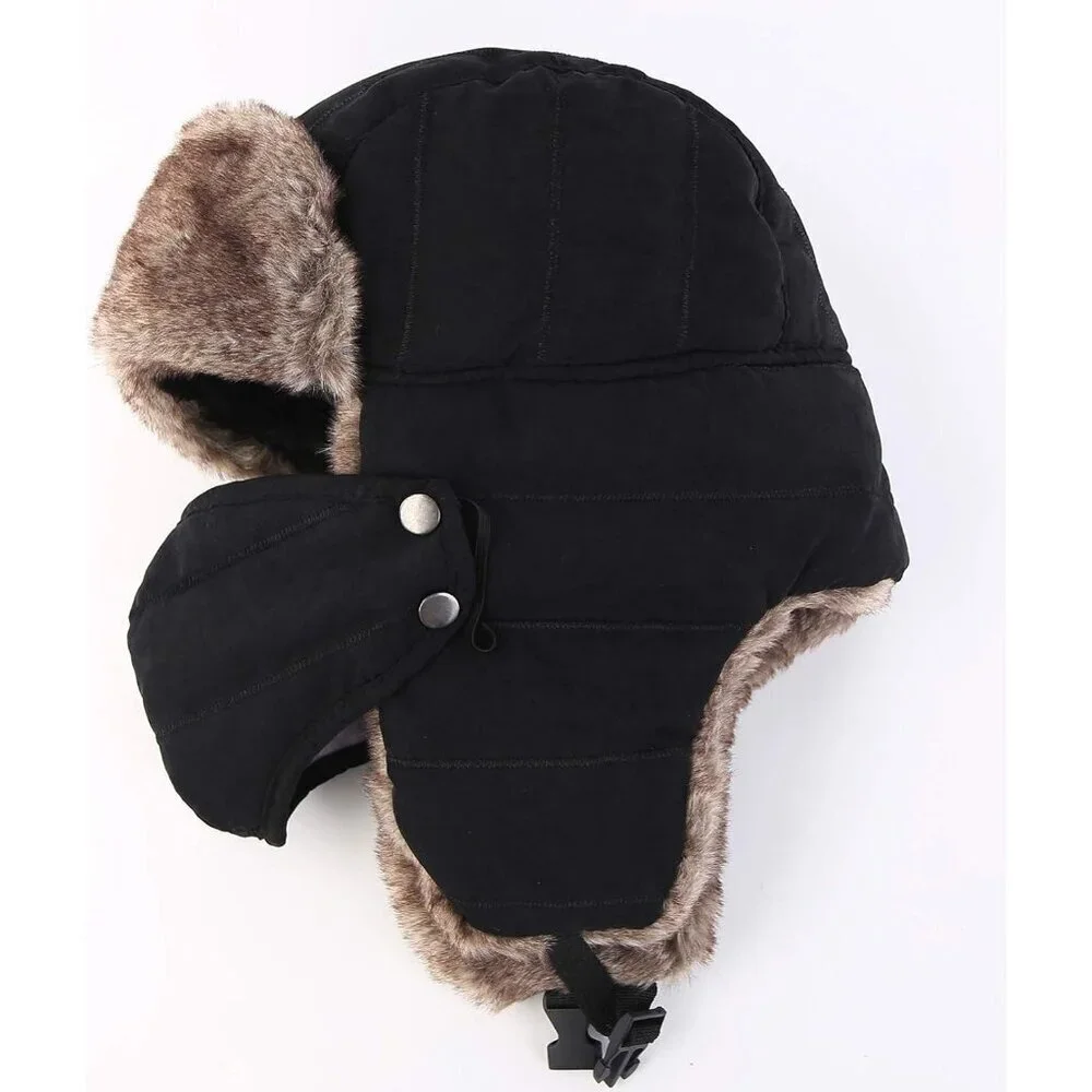 Men's Black Trooper Trapper Hat Warm Winter Hunting Cap w/ Removable Mask